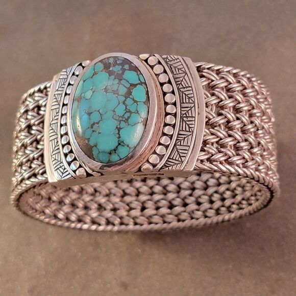 Sterling Heavy Turquoise Wide Woven Chain Toggle Bracelet - Picture 5 of 12